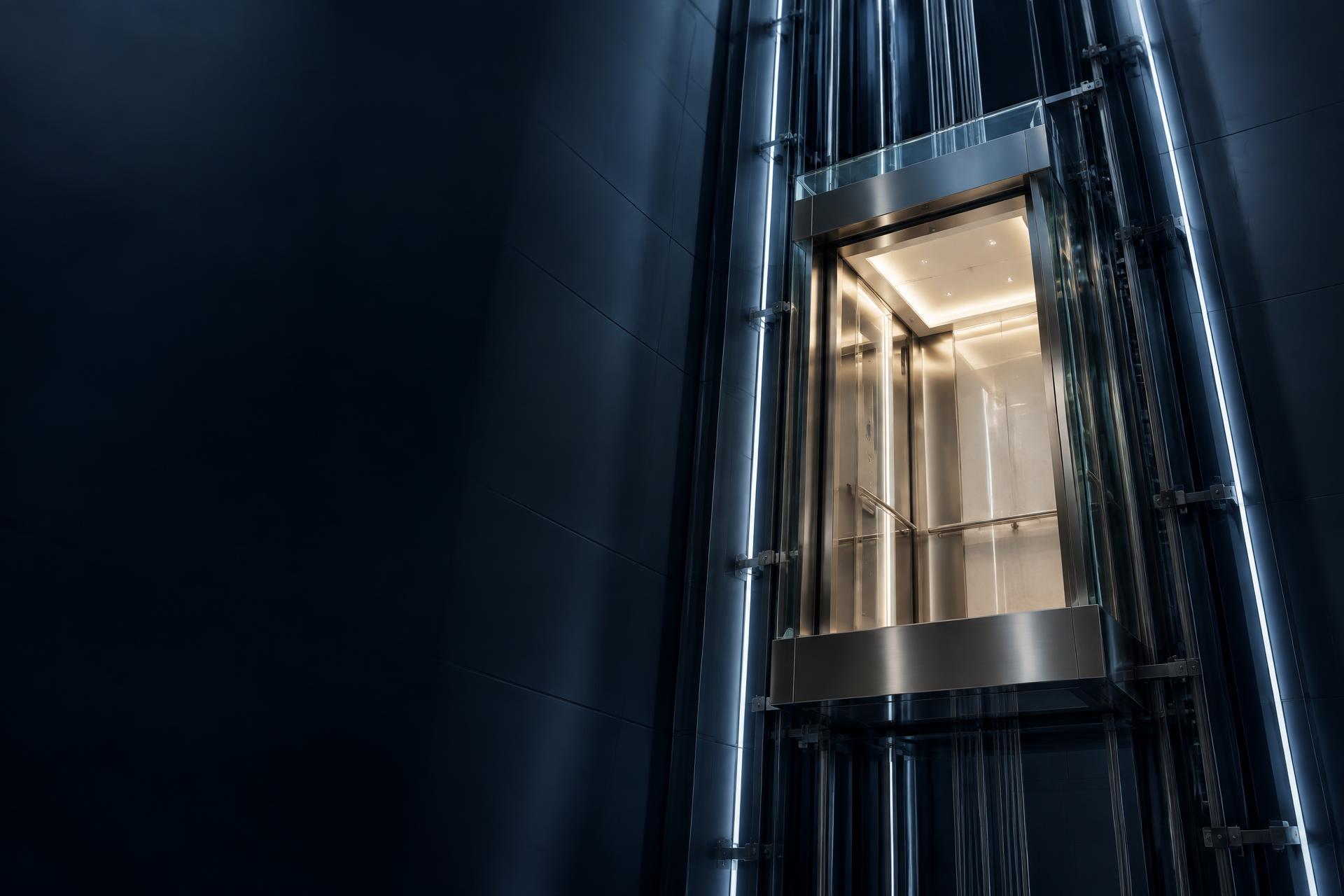 Luxury glass elevator rising through a modern architectural shaft